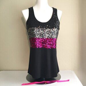 Macy's Color Block Sequin Tank Top Pink Black Silver Scoop Neck Jr S Small